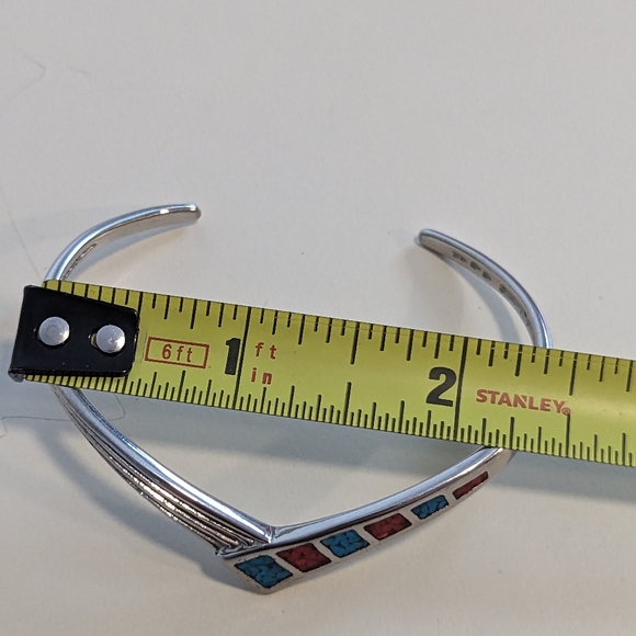 Sterling Silver Zuni Cuff Bracelet with Channel Set Crushed Turquoise and Coral - Picture 4 of 7